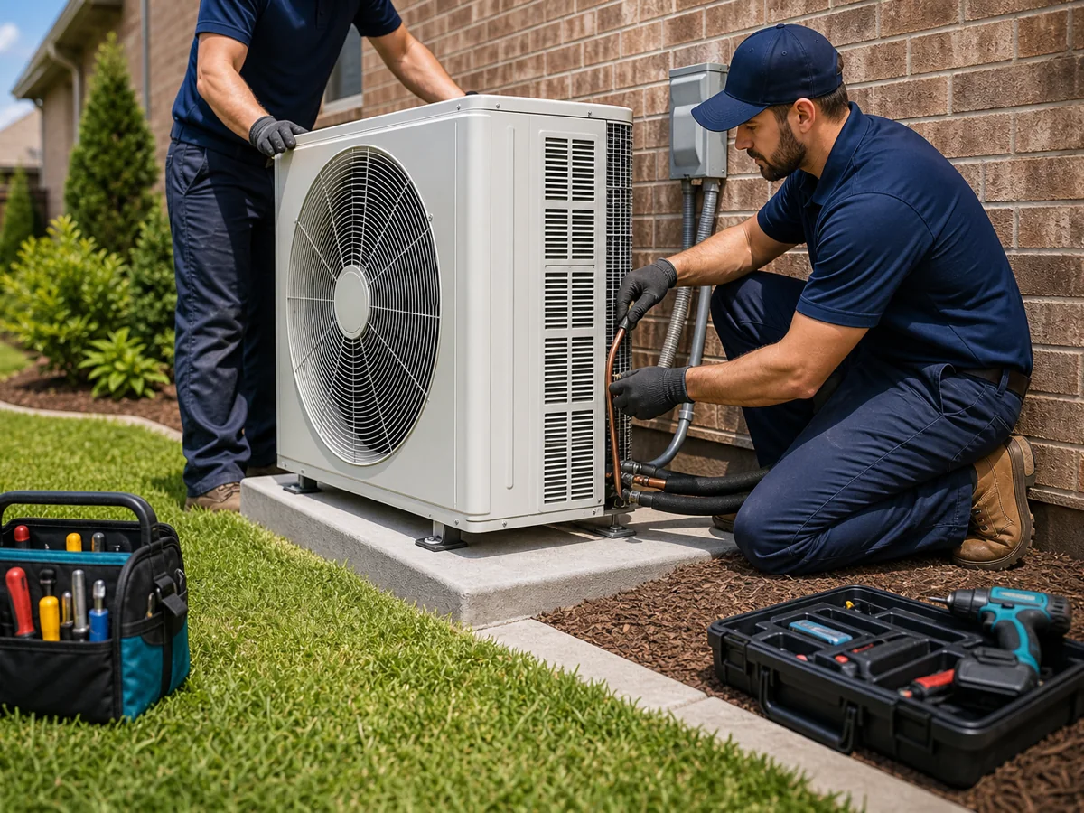 New residential AC condenser installation beside a Cypress TX home