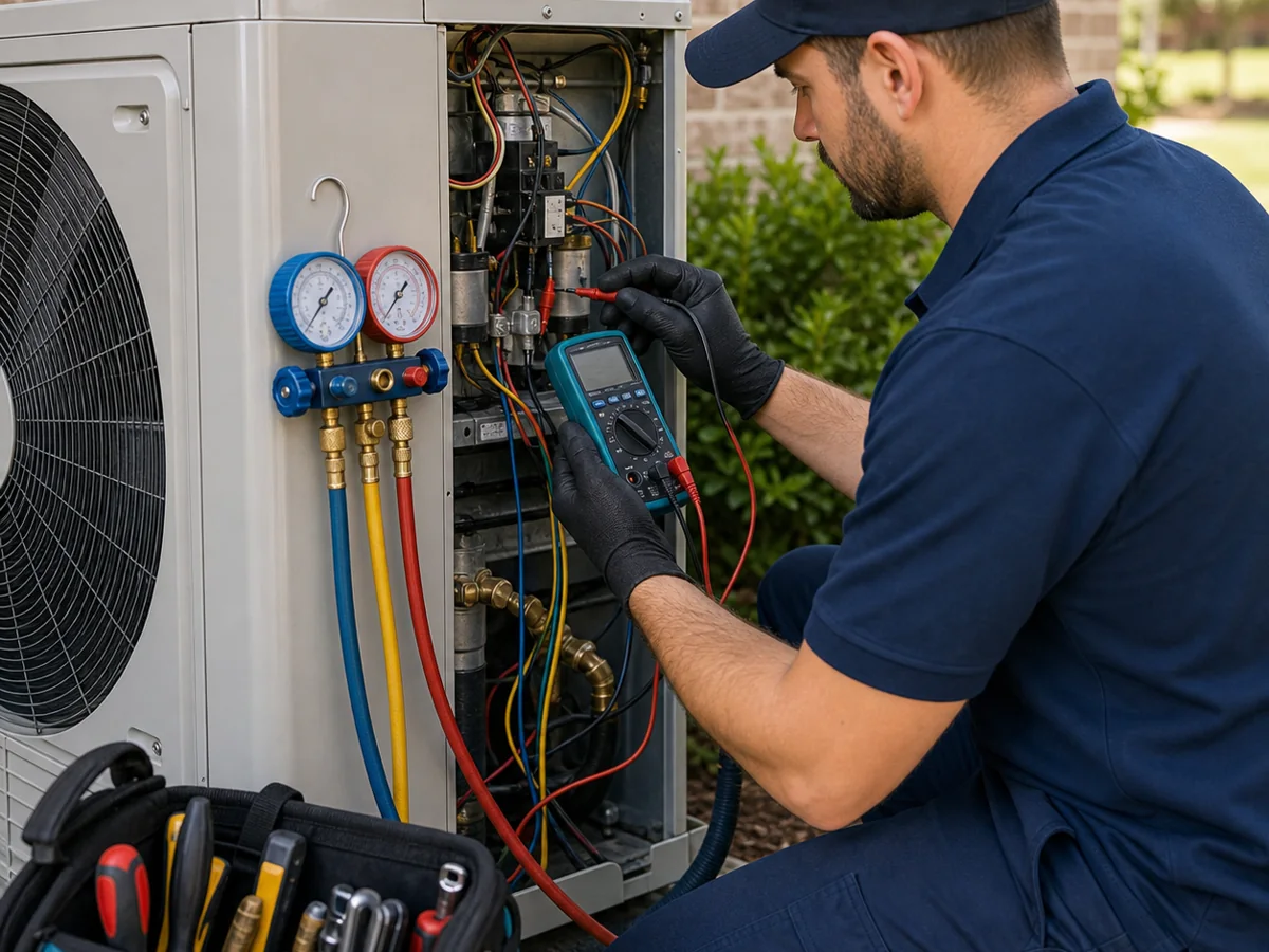 AC diagnostic testing with gauges and a digital meter in Cypress TX