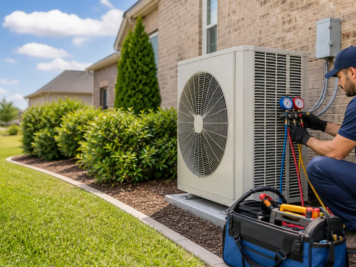 Technician servicing an outdoor AC condenser for reliable home cooling