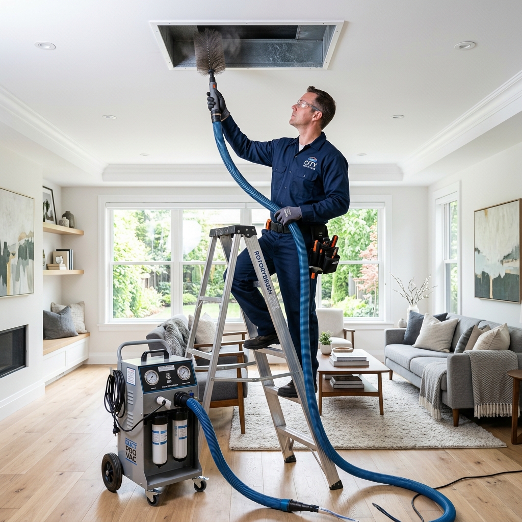 Professional air duct cleaning technician at work