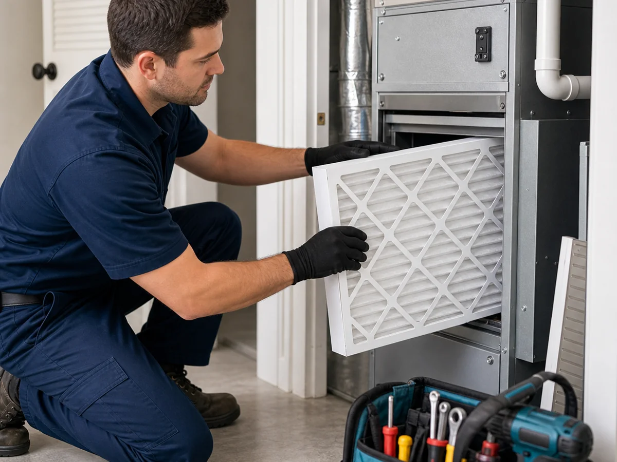 Fresh HVAC air filter being installed to protect system efficiency