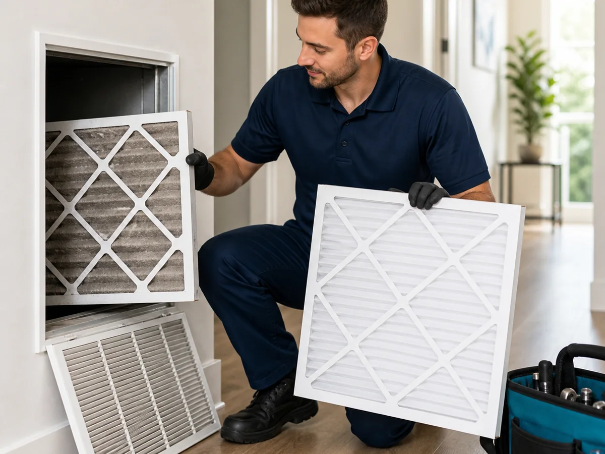 Technician replacing a residential HVAC air filter in Cypress TX