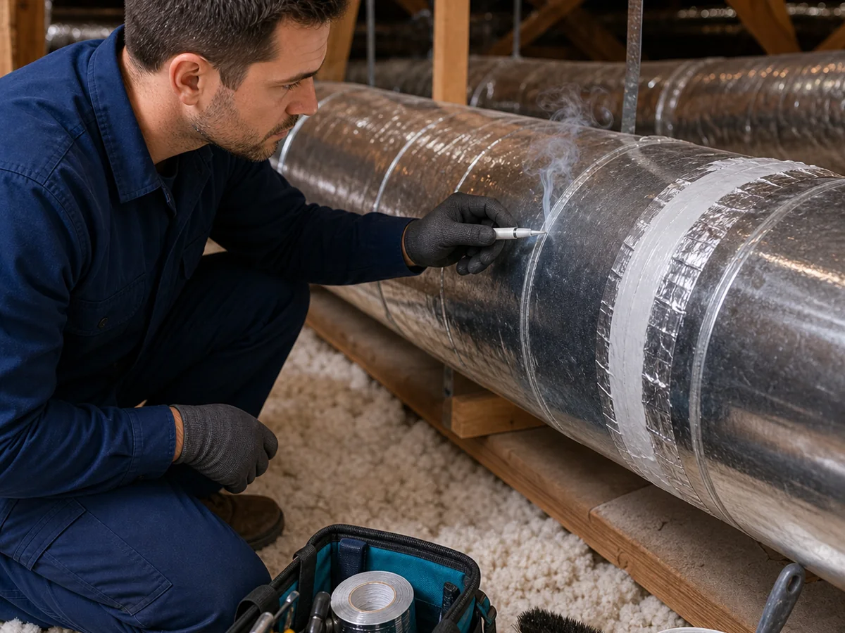 Technician detecting and sealing duct air leaks to reduce energy loss