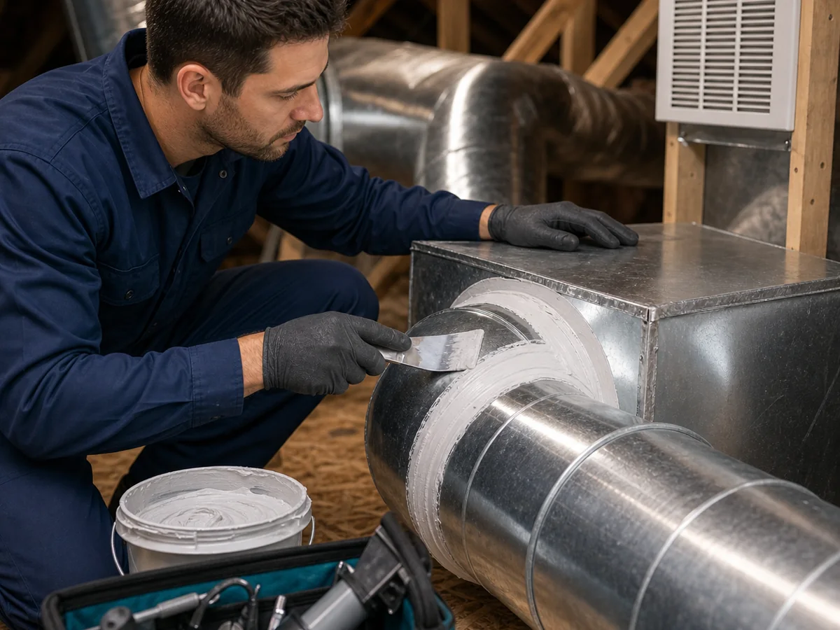Sealed duct connection protecting indoor air quality from attic dust