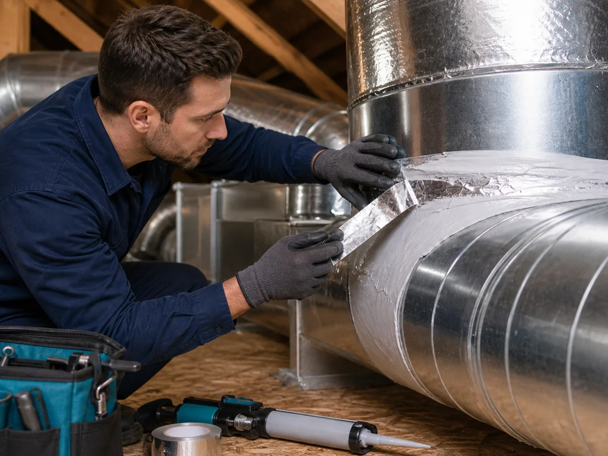Technician sealing a leaking metal duct joint in Cypress TX