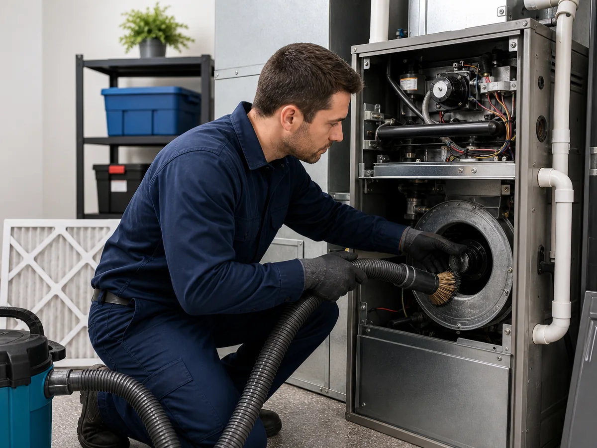Technician vacuuming a furnace blower compartment in Cypress TX