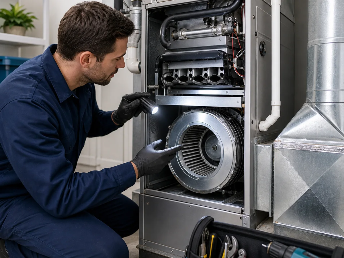 Technician inspecting clean furnace components for better heating efficiency