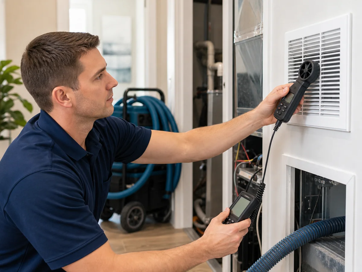 Technician checking airflow after residential duct cleaning in Cypress TX