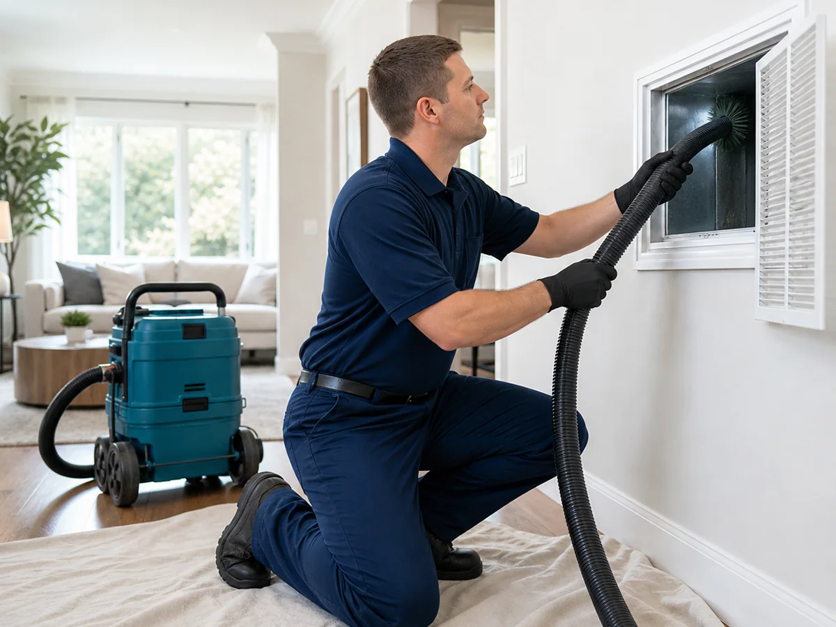 Technician cleaning a residential air duct for healthier indoor air in Cypress TX